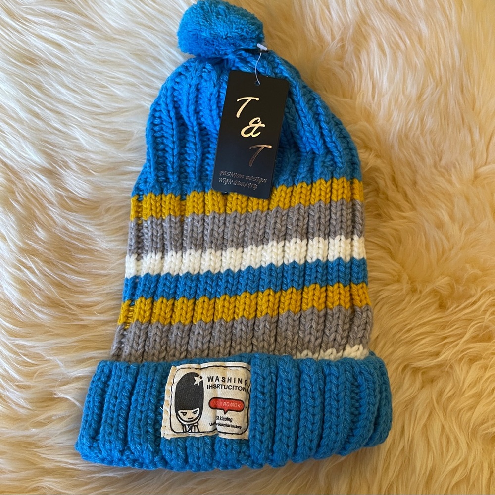 T&T Knitted fuzzy lined inside. Beanie Hat With Multi-Color Stripes & Pom Pom